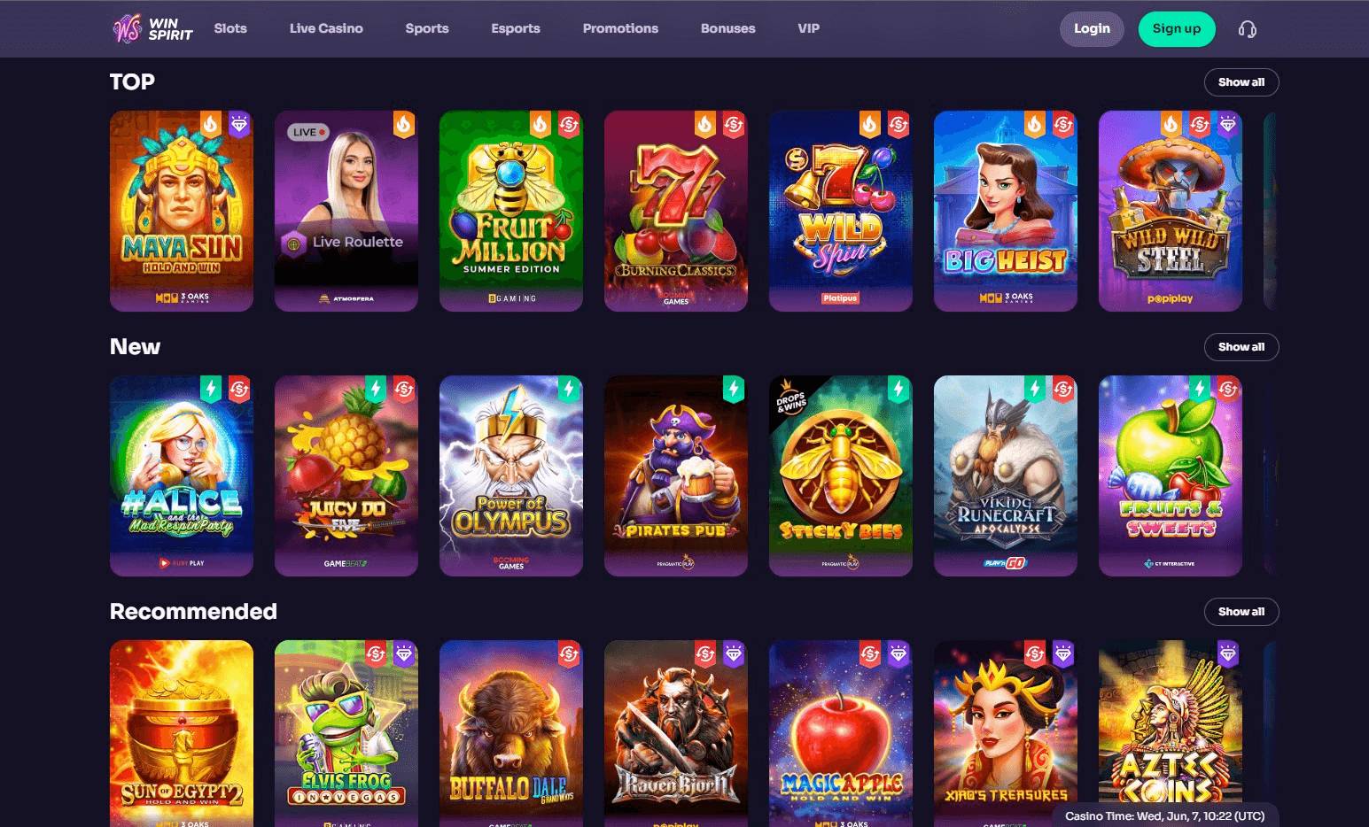 WinSpirit live casino section
